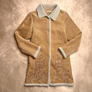 Vintage 90s Bacci Floral Embroidered Penny Lane Coat Faux Suede Sherpa Collar